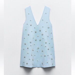 Zara Beaded Jewel Knit Mini Dress in Light Blue size L